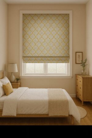 پرده خانه - شید رومن 103-5782 - پرده اداری -پرده برقی - قابلیت تنظیم نور , پرده شید رومن کرم طلایی