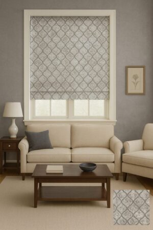 پرده خانه - شید رومن 105-5782 - پرده اداری -پرده برقی - قابلیت تنظیم نور - پرده شید رومن طوسی